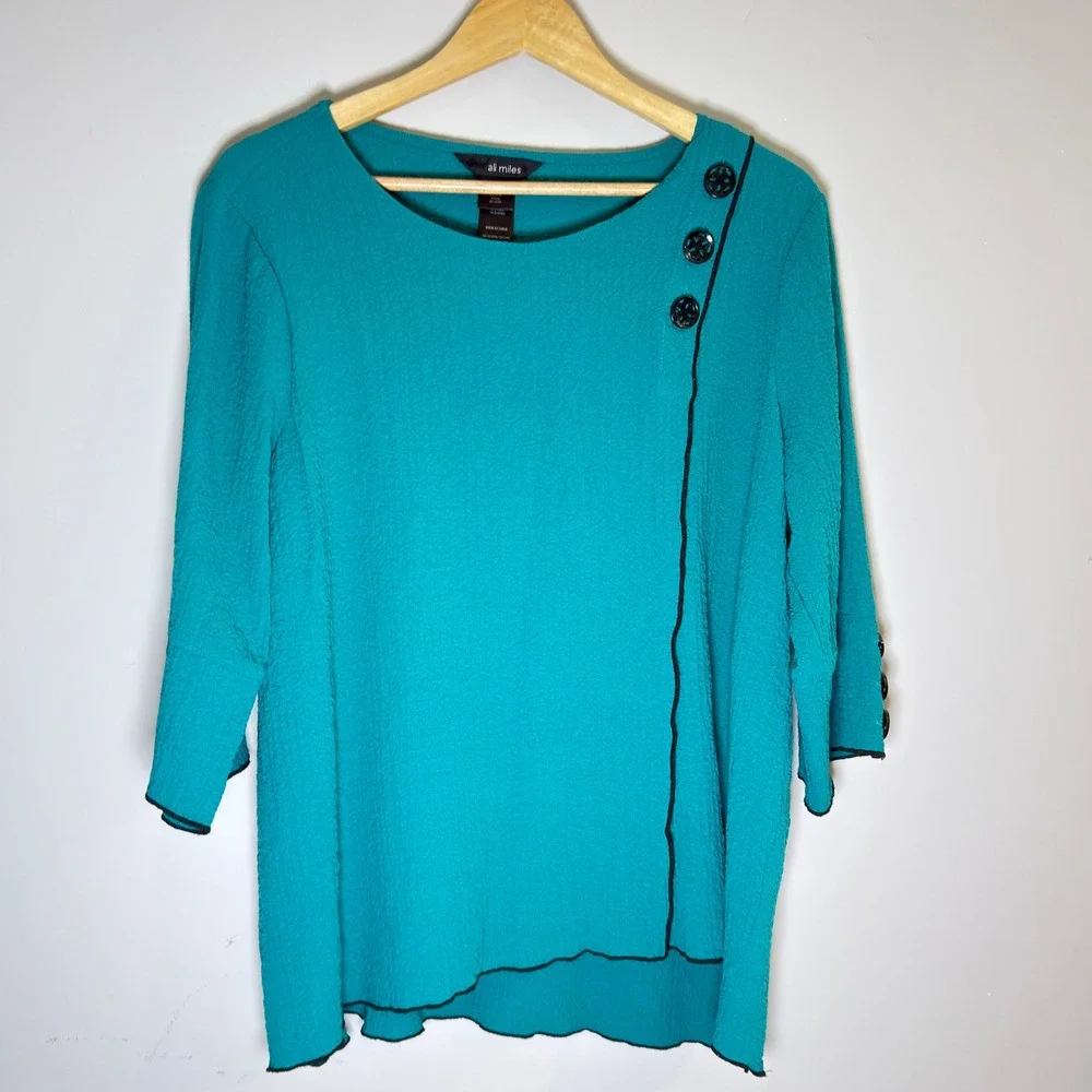 Ali Miles Teal Textured 3/4 Sleeve Asymmetrical Button Top Petite Large PL - Picture 2 of 8